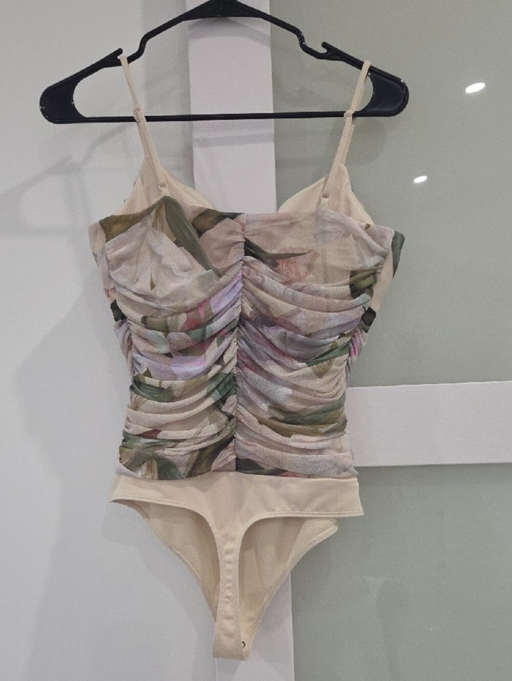 Express Beige Floral Ruched One-Piece Bodysuit - Picture 2 of 5